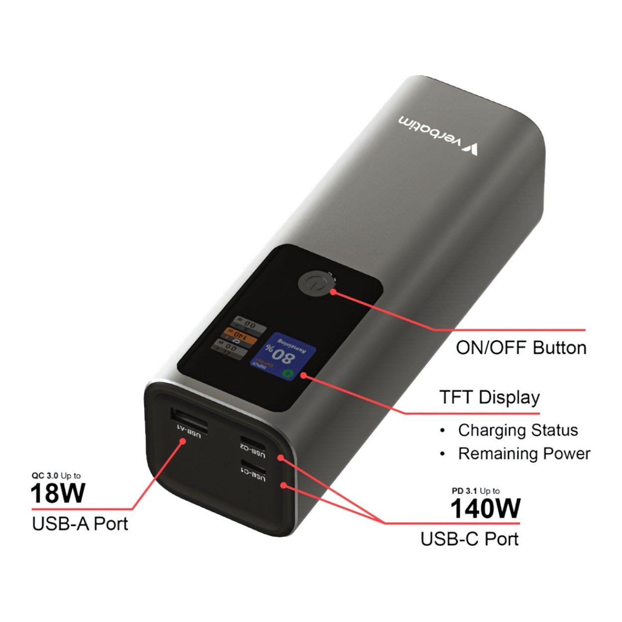 Verbatim Charge n Go 27000mAh 183W Power Bank Grey 32269
